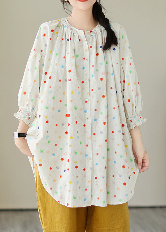 Beige O Neck Print Wrinkled Cotton Shirt Tops Summer