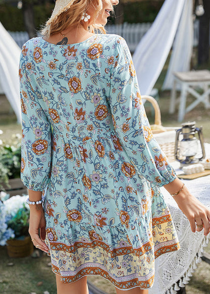 Blue V Neck Print Wrinkled Cotton Mid Dress Summer