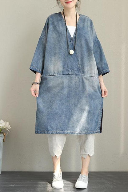 Loose Blue Denim Dresses Cotton Fall Outfits