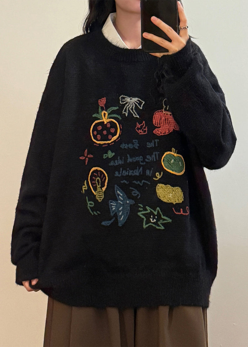 Loose Black O Neck Print Knit Sweater Spring