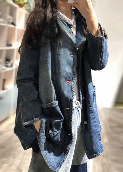 Blue O Neck Pockets Button Patchwork Denim Coat Fall
