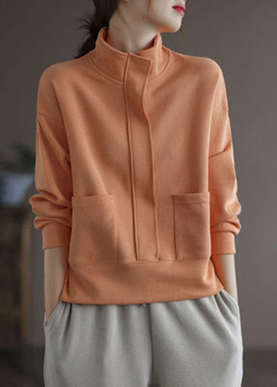 Modern Orange Stand Collar Pockets Zip Up Pullover Sweatshirt Long Sleeve