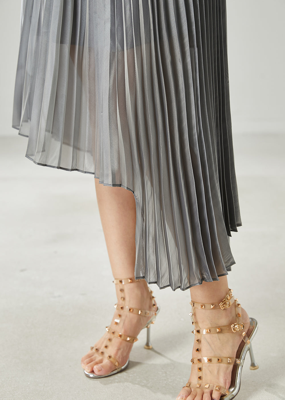 Grey Asymmetrical Design Chiffon Pleated Skirt Summer