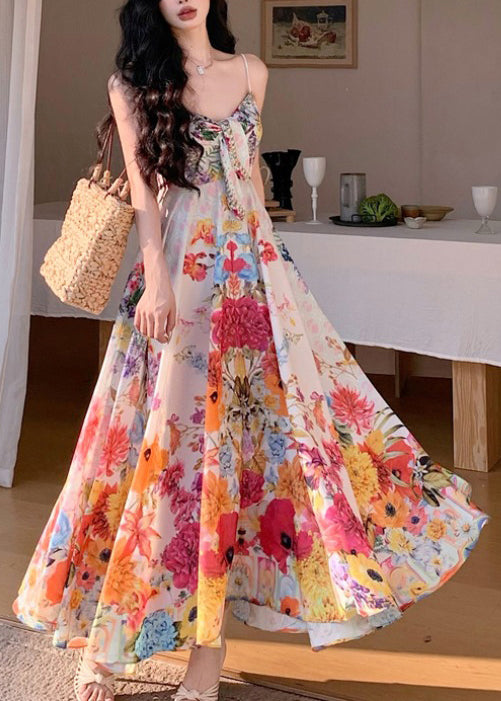Print High Waist Cotton Spaghetti Strap Dress Sleeveless