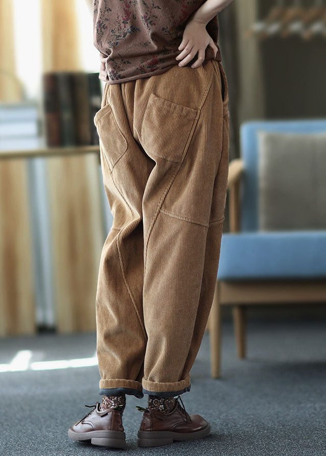 Brown Patchwork Thick Corduroy Pants Elastic Waist Winter