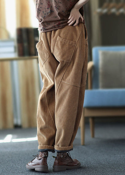Brown Patchwork Thick Corduroy Pants Elastic Waist Winter