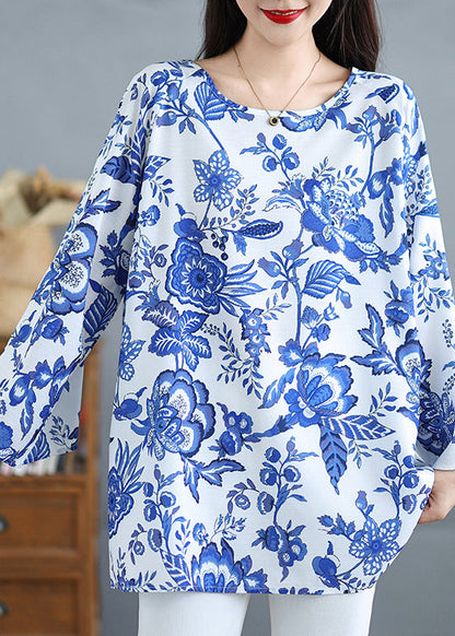 Blue O Neck Print Cotton Tops Fall