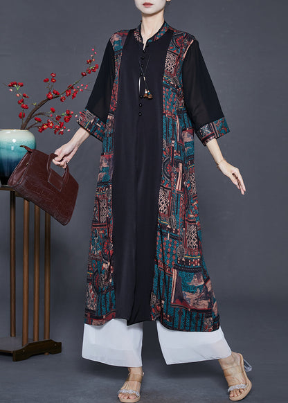 Black Mandarin Collar Patchwork Print Silk Cardigans Fall