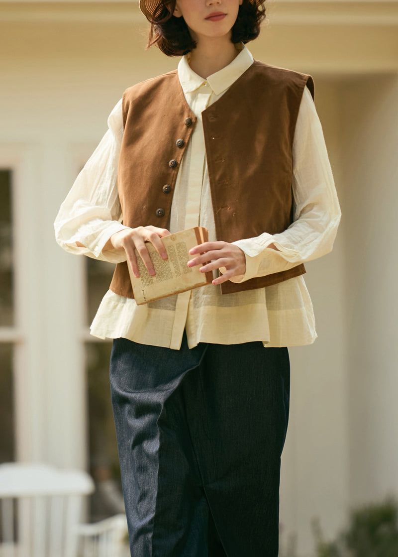 Beige Peter Pan Collar Wrinkled Cotton Shirt Top Fall