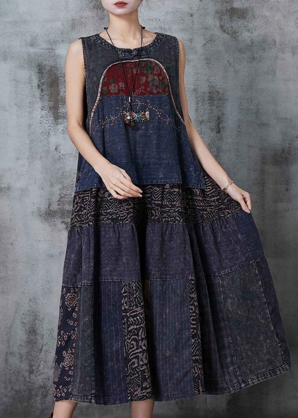 Navy Patchwork Denim National Style Dresses Spring