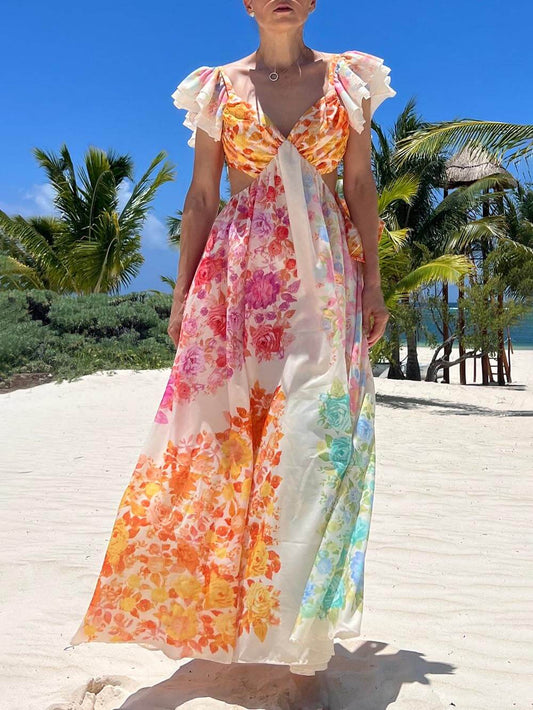 Cutout Back Frill Tie-up Maxi Dress