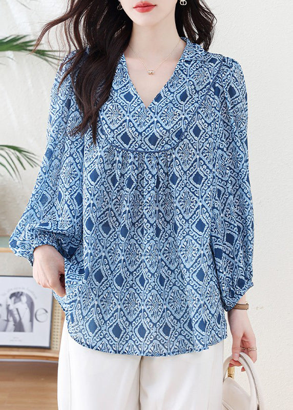 Blue V Neck Geometric Print Chiffon Blouse Top Lantern Sleeve