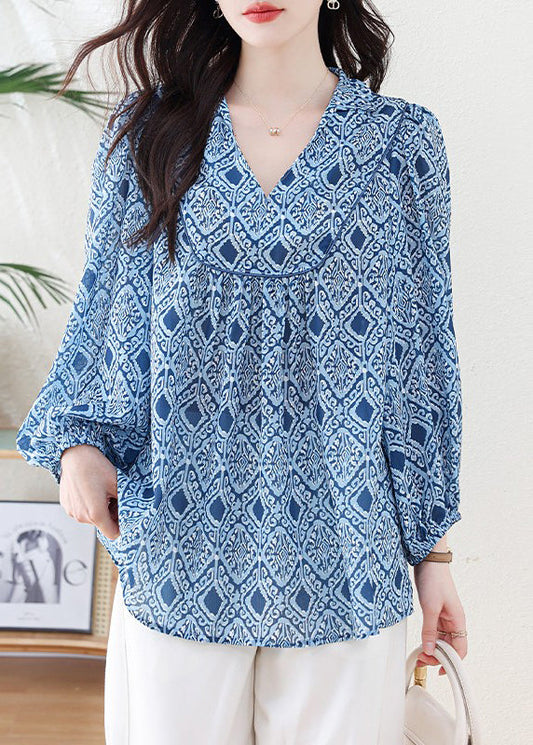 Blue V Neck Geometric Print Chiffon Blouse Top Lantern Sleeve