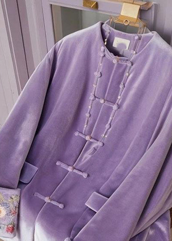 Chinese Style Purple O-neck Embroidered Button Silk Velour Tops Fall