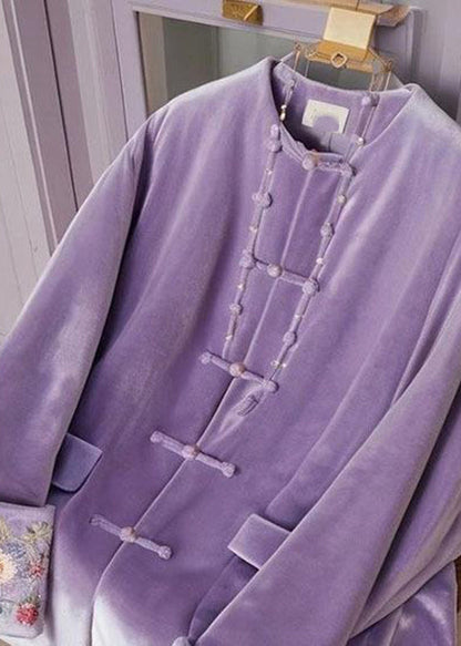 Chinese Style Purple O-neck Embroidered Button Silk Velour Tops Fall
