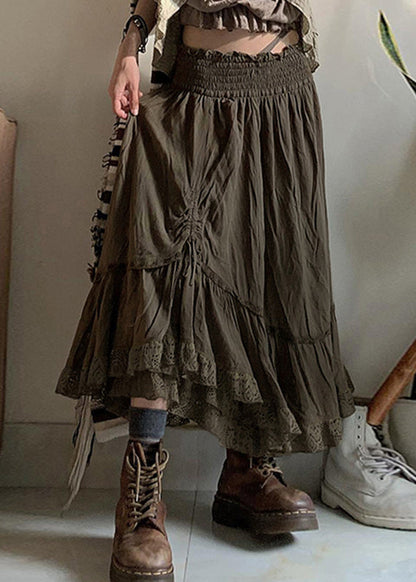 Army Green Ruffled Cinched Elastic Waist Cotton Skirts Fall