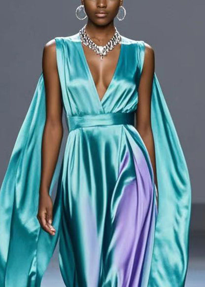 Green V Neck Tie Dye Silk Party Dress Summer