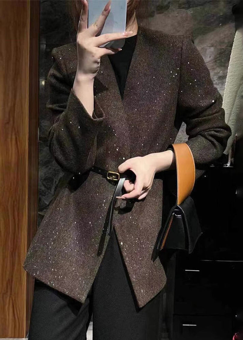 Grey V Neck Woolen Suit Coats Fall