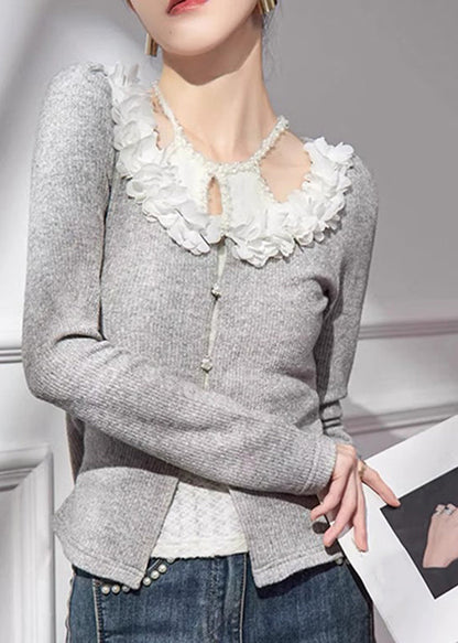 Grey V Neck Cotton Knit Cardigans Fall