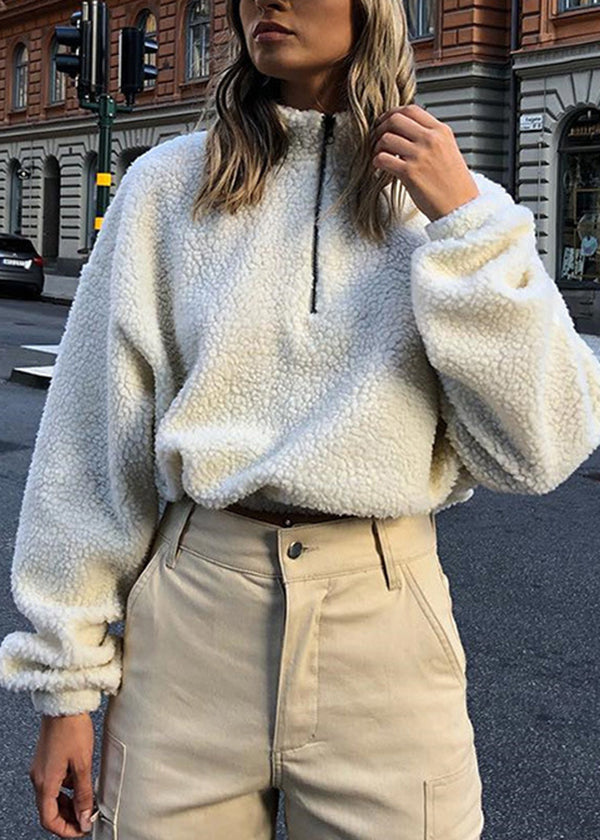 White Zip Up Patchwork Faux Fur Pullover Tops Fall