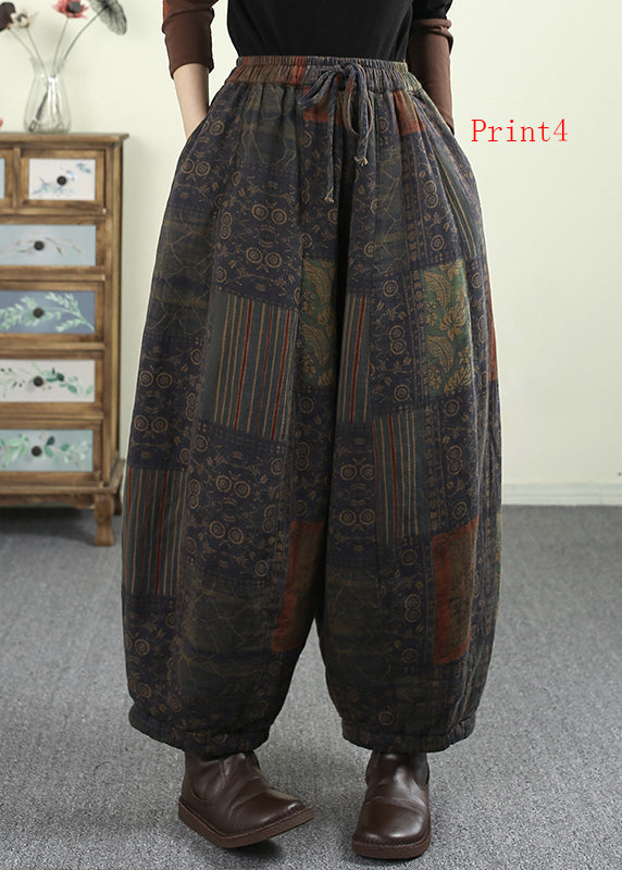 Pockets Print Elastic Waist Fine Cotton Filled Pants Winter