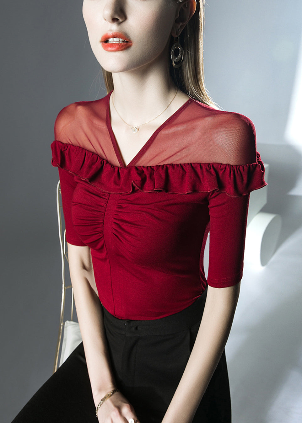 Purple Tulle Patchwork Top Half Sleeve