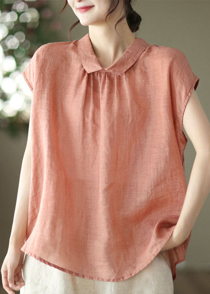 Orange Peter Pan Collar Patchwork Linen Blouses Summer