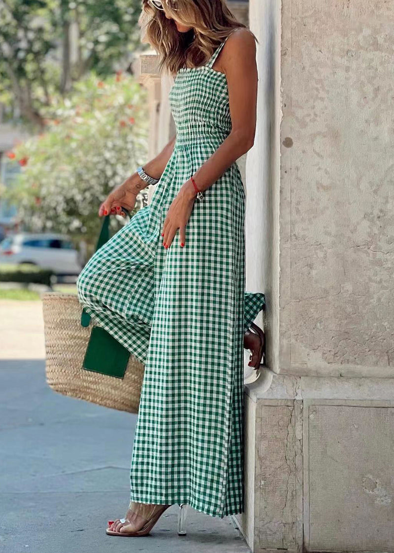 Green Plaid Cotton Overalls Jumpsuit Sleeveless