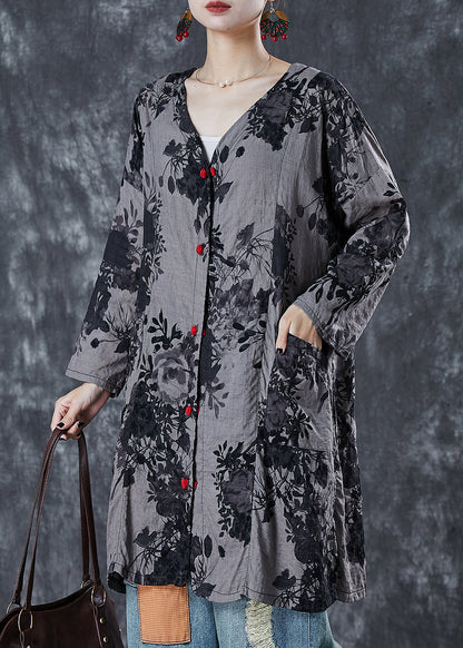Diy Grey Oversized Print Cotton Long Shirt Summer