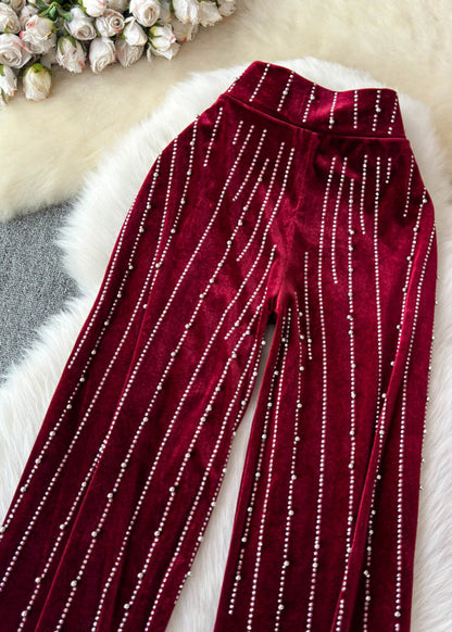Mulberry Striped Zircon Silk Velvet Wide Leg Pants Spring