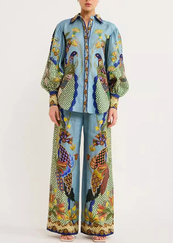 Green Peter Pan Collar Print Shirts and Wide Leg Pants Two Pieces Set Fall