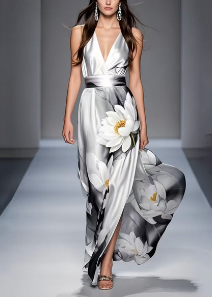 Grey Tie Dye Draping Silk Party Dresses Flower Print Summer
