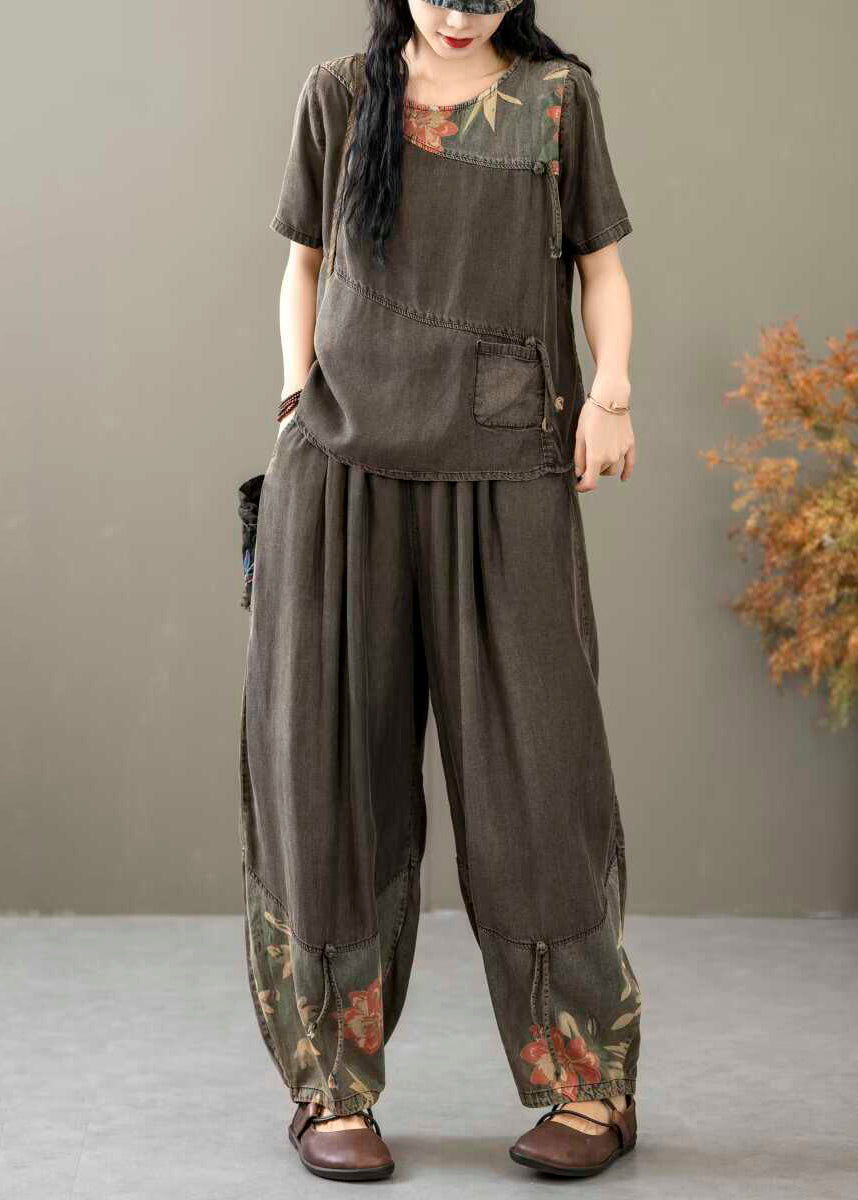 Black Print Tops and Crop Pants Denim Two Piece Suit Summer