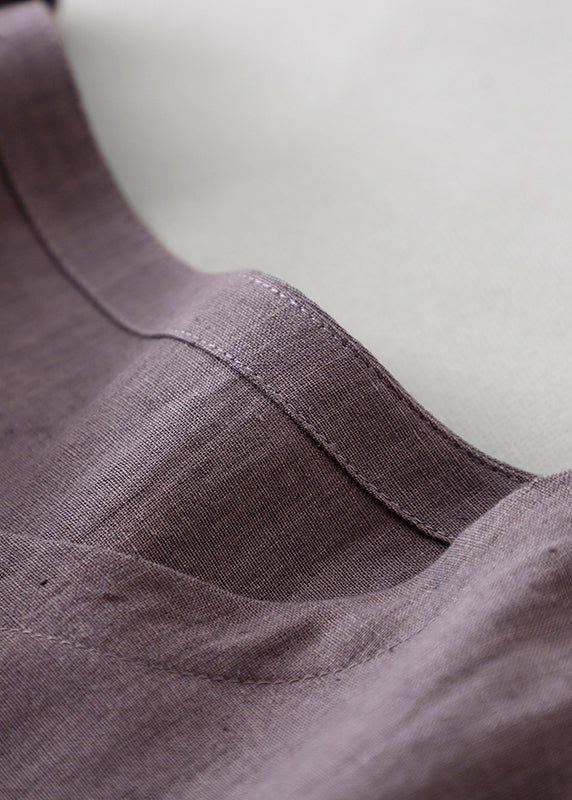 Purple O Neck Tie Waist Pockets Linen Long Dress Summer