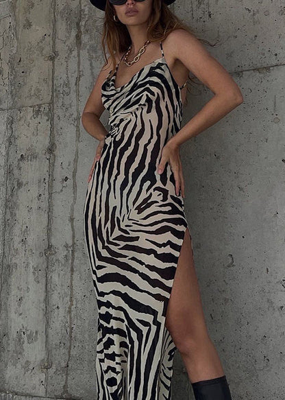 French Striped Print Side Open Cotton Spaghetti Strap Dress Sleeveless