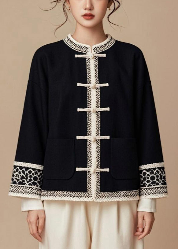Italian Black O-neck Button Patchwork Cotton Coat Fall