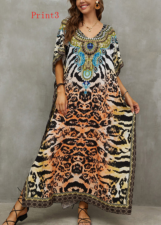 Loose V Neck Print Side Open Cotton Long Dress Summer