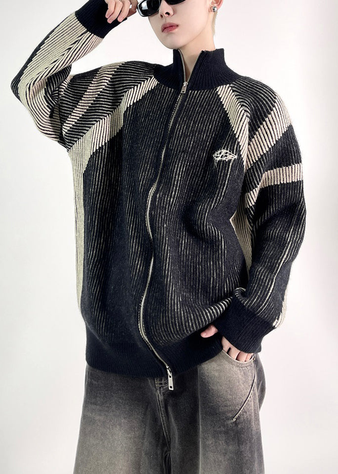 Black Zip Up Knit Fall Coat Stand Collar