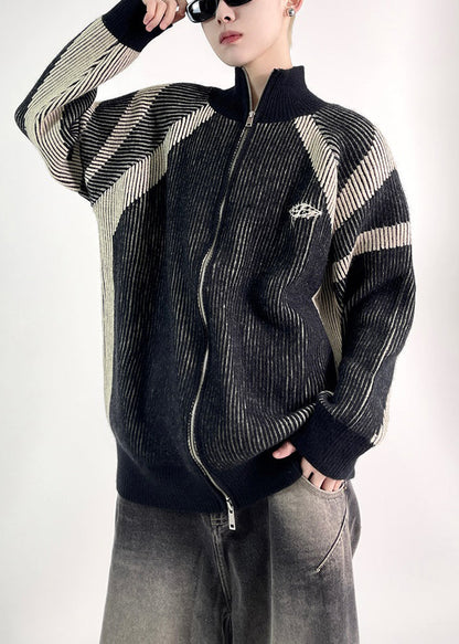 Black Zip Up Knit Fall Coat Stand Collar