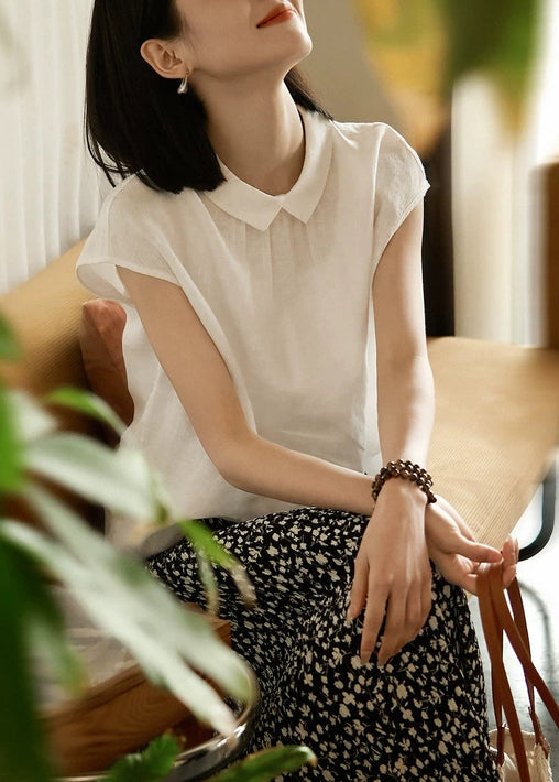 Loose White Peter Pan Collar Button Linen Shirt Summer