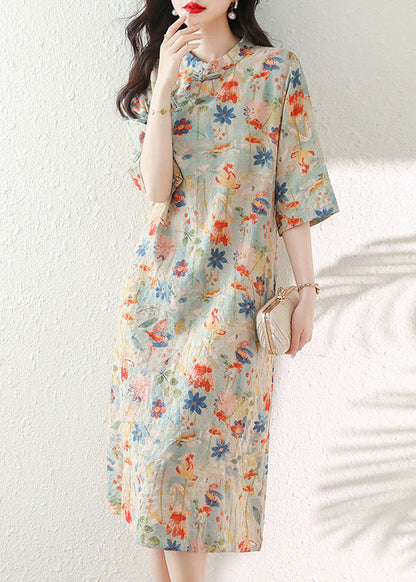 Stand Collar Print Chinese Button Cotton Dress Summer