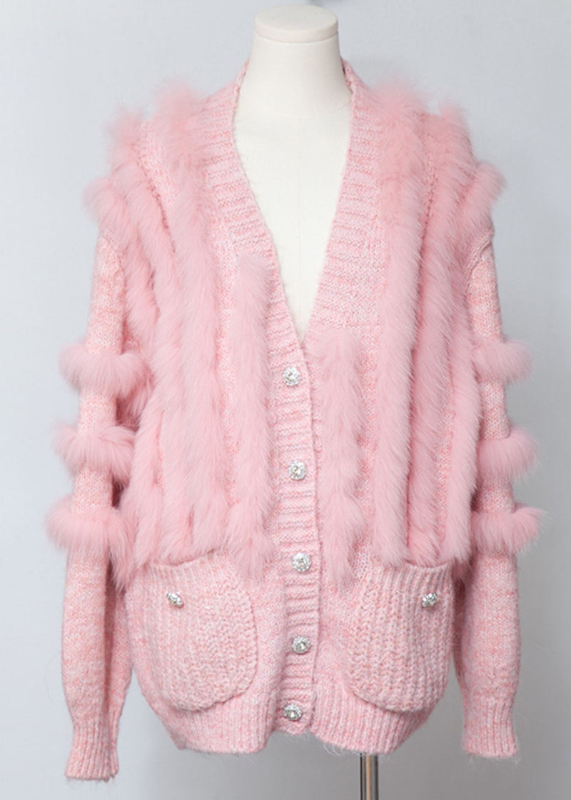 Pink V Neck Fox Fur Patchwork Woolen Cardigans Winter