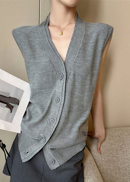 Grey V Neck Button Knit Vest Sleeveless