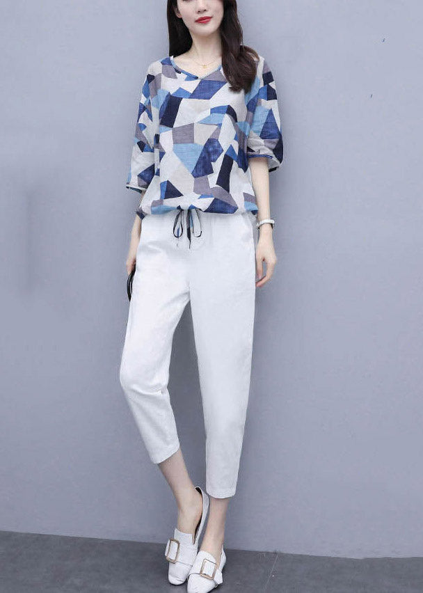 Vogue Blue Print Tops and Crop Pants Summer