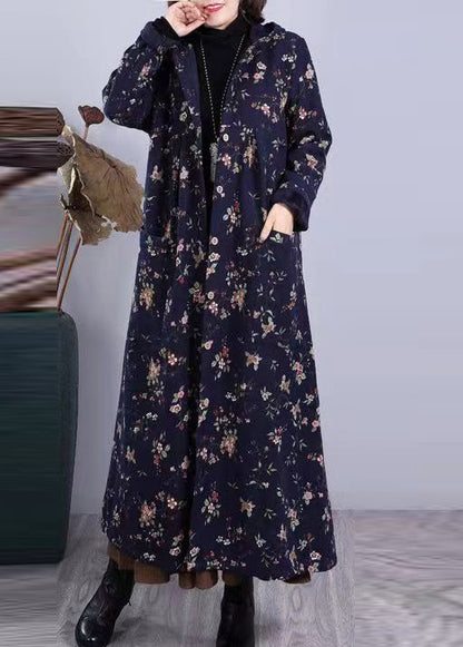 Red Print Pockets Patchwork Warm Fleece Hooded Coat Winter