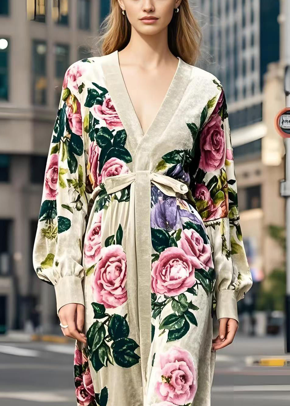 Apricot V Neck Print Silk Velvet Dress Spring