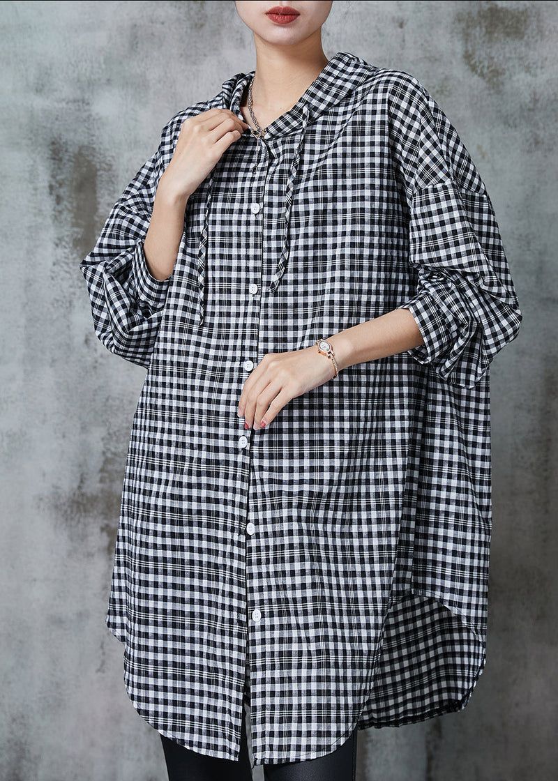 Grey Hooded Plaid Linen Long Shirt Summer