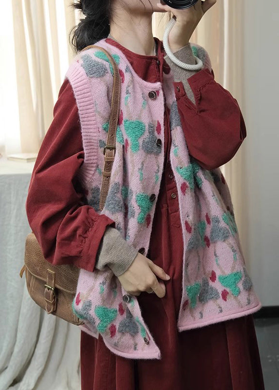 Pink O Neck Jacquard Knit Vest Tops Sleeveless