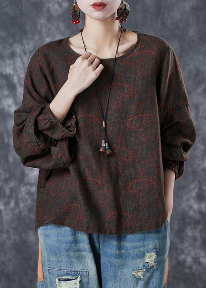Chocolate Oversized Print Linen Shirt Tops Fall