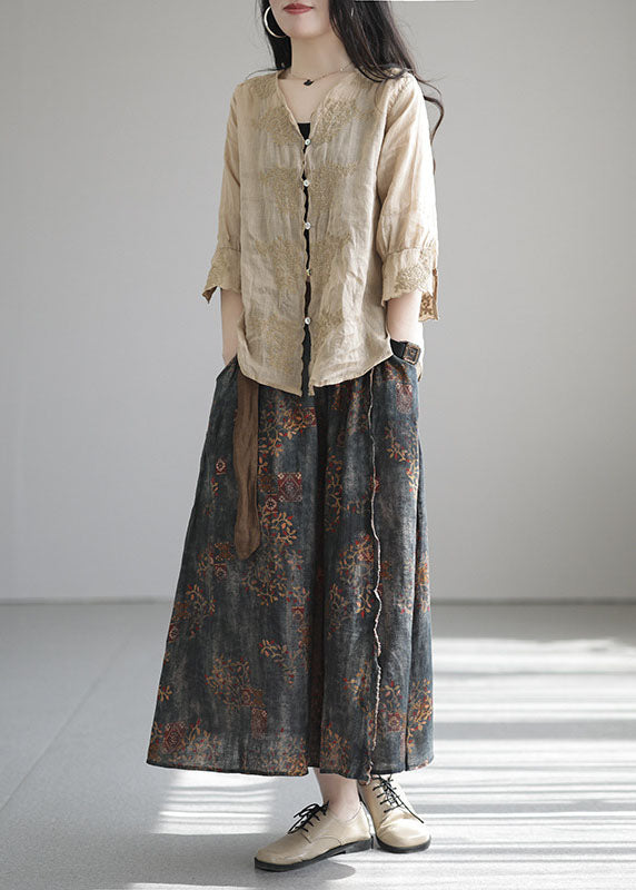 Unique Khaki Embroidered Linen Shirt Half Sleeve